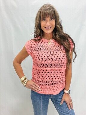 POL Peach Pink Crochet Rosette Boho Knit Top One Size Nwot Cotton Nylon